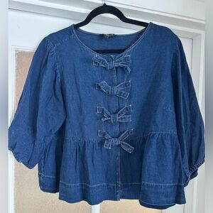 Velvet Heart Dark Blue Denim Blouse with Bow Detail